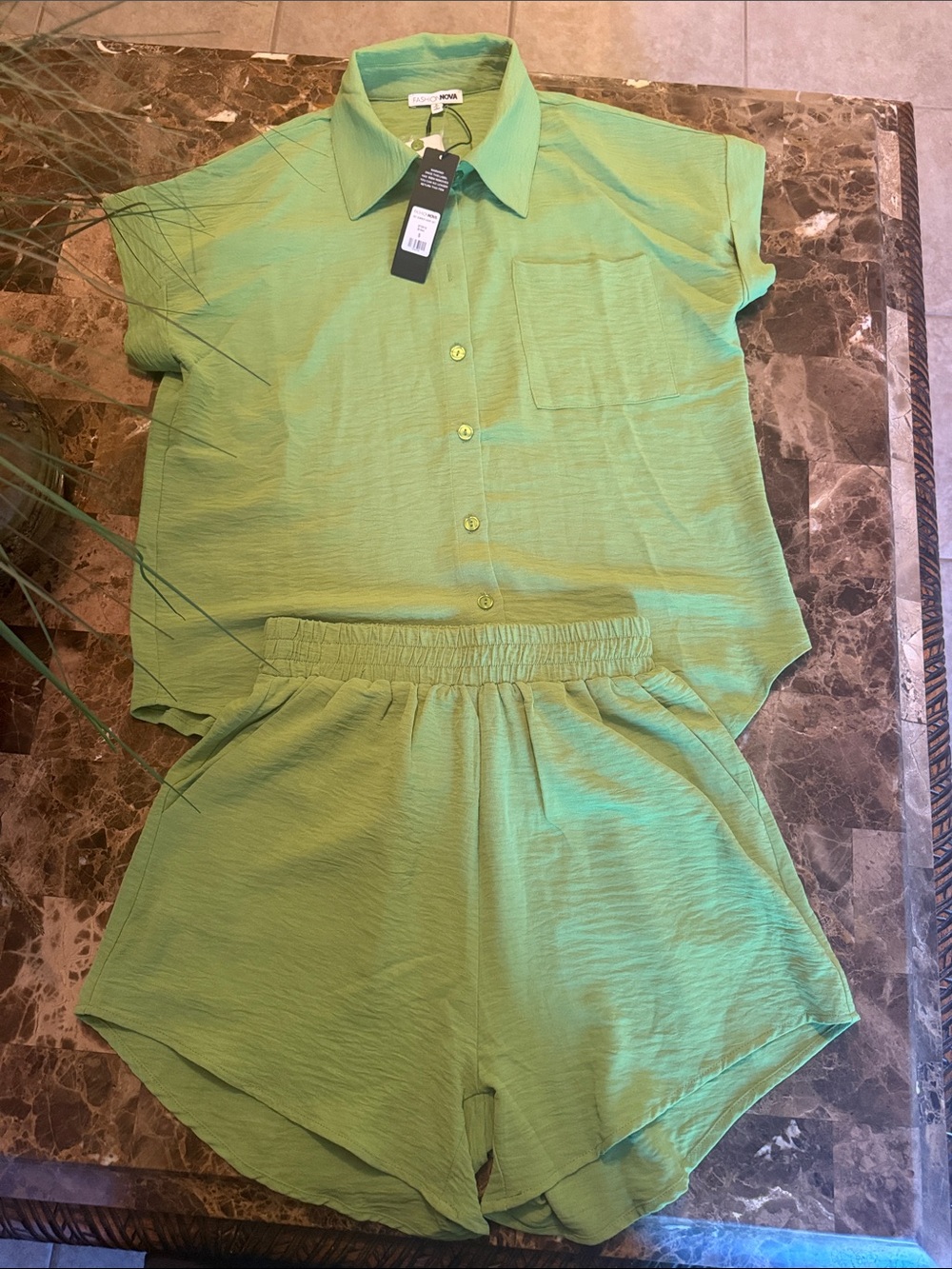 Fashion Nova Two-Piece Short Sleeve Top & Elastic Waist Shorts Set - Light Green